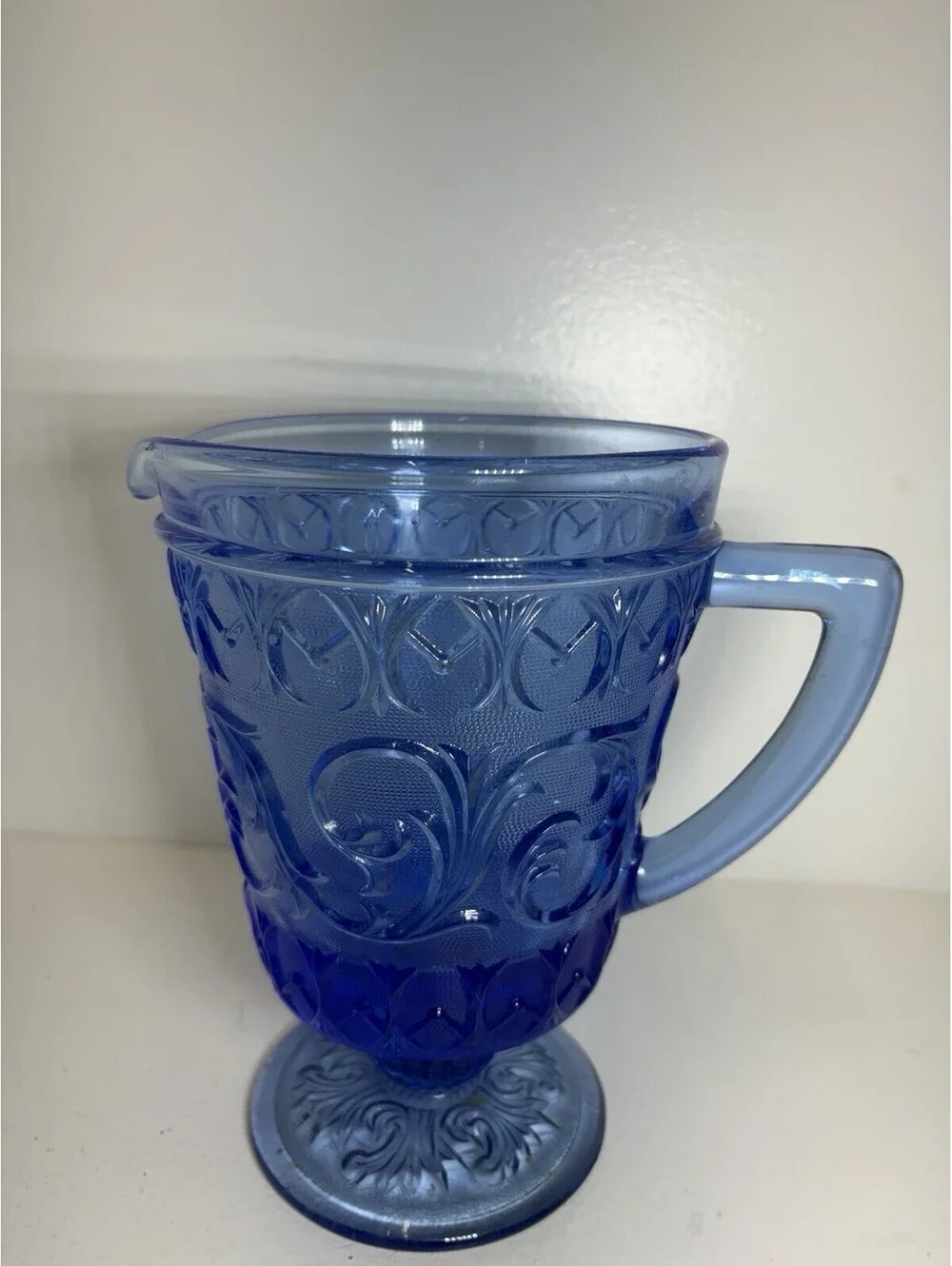 Vintage COBALT BLUE PEDESTAL PITCHER - Sandwich Glass Raised Scroll Work Pattern